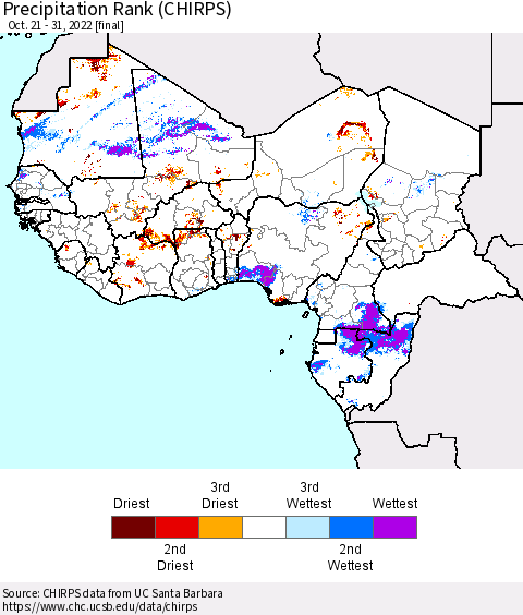 Western Africa Precipitation Rank since 1981 (CHIRPS) Thematic Map For 10/21/2022 - 10/31/2022
