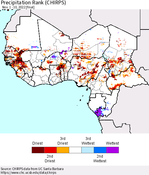 Western Africa Precipitation Rank since 1981 (CHIRPS) Thematic Map For 11/1/2022 - 11/10/2022