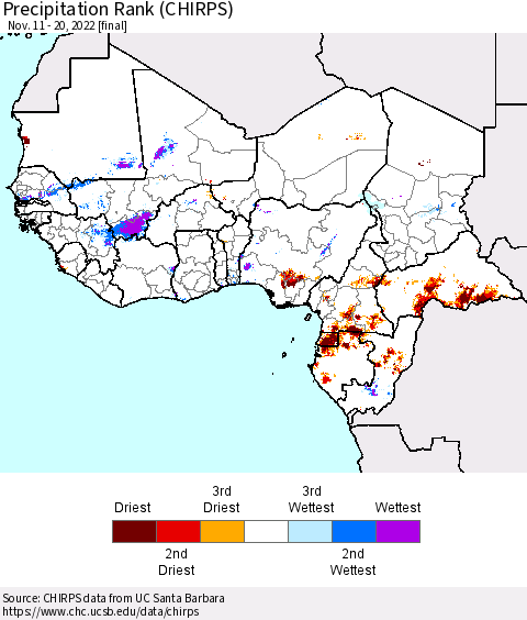 Western Africa Precipitation Rank since 1981 (CHIRPS) Thematic Map For 11/11/2022 - 11/20/2022