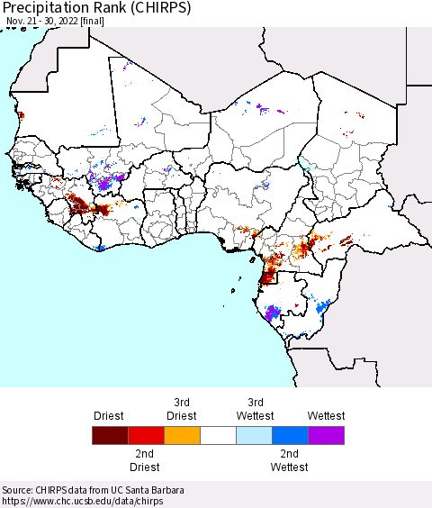 Western Africa Precipitation Rank since 1981 (CHIRPS) Thematic Map For 11/21/2022 - 11/30/2022