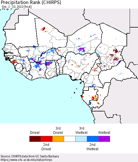 Western Africa Precipitation Rank since 1981 (CHIRPS) Thematic Map For 12/1/2022 - 12/10/2022