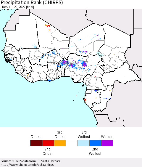 Western Africa Precipitation Rank since 1981 (CHIRPS) Thematic Map For 12/11/2022 - 12/20/2022