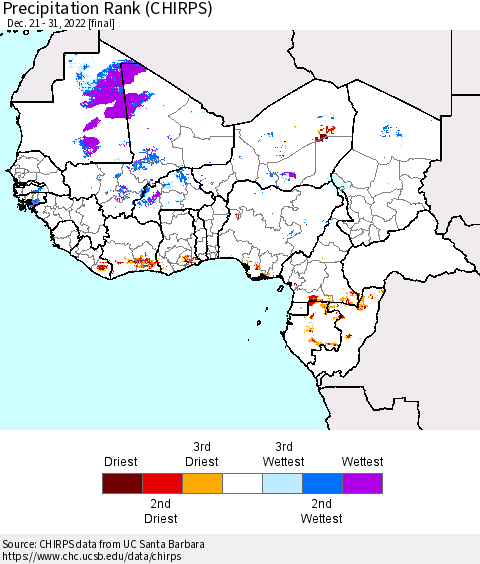 Western Africa Precipitation Rank since 1981 (CHIRPS) Thematic Map For 12/21/2022 - 12/31/2022