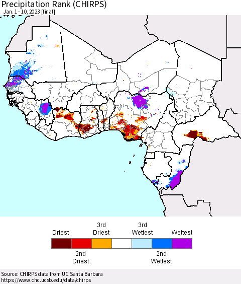 Western Africa Precipitation Rank since 1981 (CHIRPS) Thematic Map For 1/1/2023 - 1/10/2023