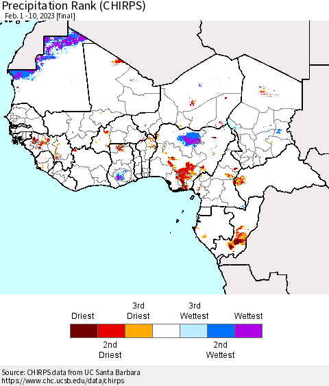 Western Africa Precipitation Rank since 1981 (CHIRPS) Thematic Map For 2/1/2023 - 2/10/2023