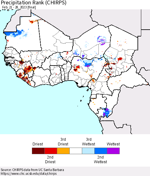 Western Africa Precipitation Rank since 1981 (CHIRPS) Thematic Map For 2/21/2023 - 2/28/2023