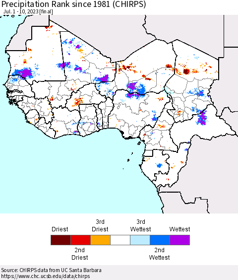 Western Africa Precipitation Rank since 1981 (CHIRPS) Thematic Map For 7/1/2023 - 7/10/2023