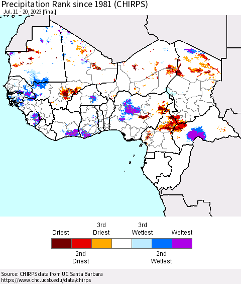 Western Africa Precipitation Rank since 1981 (CHIRPS) Thematic Map For 7/11/2023 - 7/20/2023