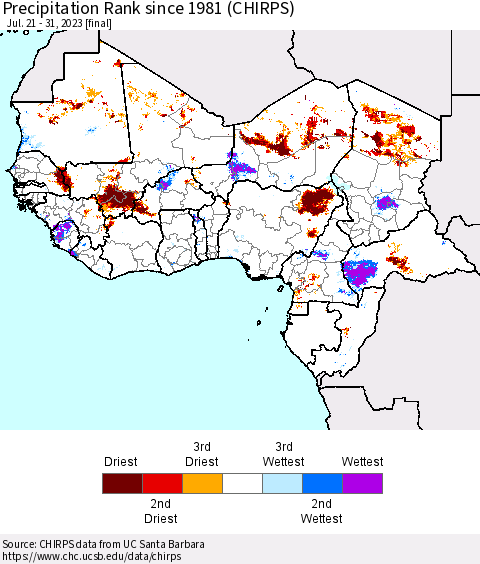 Western Africa Precipitation Rank since 1981 (CHIRPS) Thematic Map For 7/21/2023 - 7/31/2023