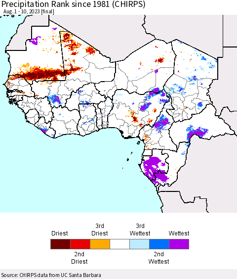 Western Africa Precipitation Rank since 1981 (CHIRPS) Thematic Map For 8/1/2023 - 8/10/2023