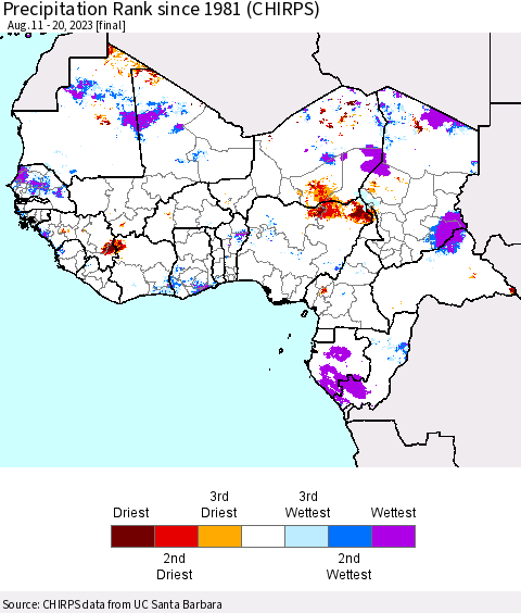 Western Africa Precipitation Rank since 1981 (CHIRPS) Thematic Map For 8/11/2023 - 8/20/2023