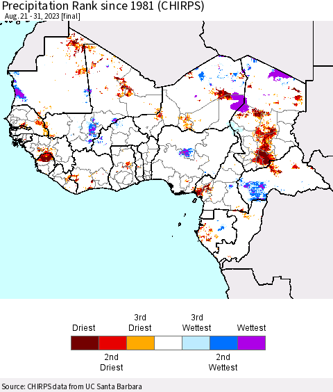 Western Africa Precipitation Rank since 1981 (CHIRPS) Thematic Map For 8/21/2023 - 8/31/2023
