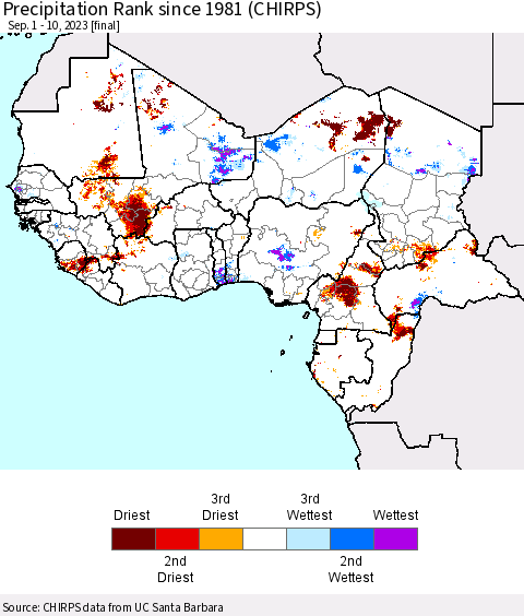 Western Africa Precipitation Rank since 1981 (CHIRPS) Thematic Map For 9/1/2023 - 9/10/2023