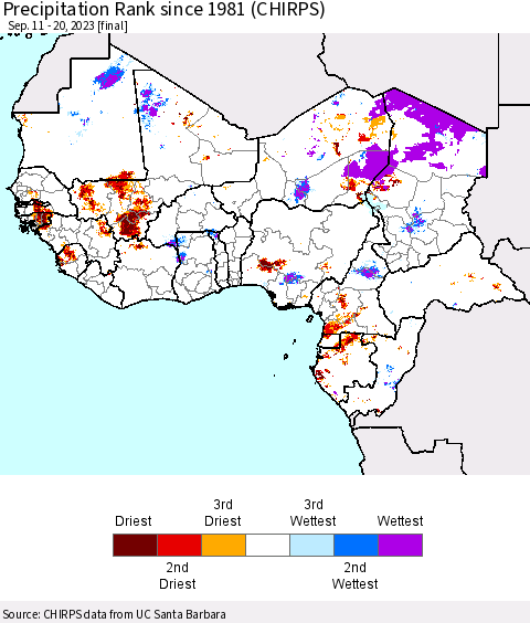 Western Africa Precipitation Rank since 1981 (CHIRPS) Thematic Map For 9/11/2023 - 9/20/2023