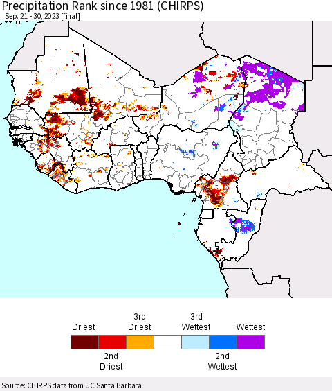 Western Africa Precipitation Rank since 1981 (CHIRPS) Thematic Map For 9/21/2023 - 9/30/2023