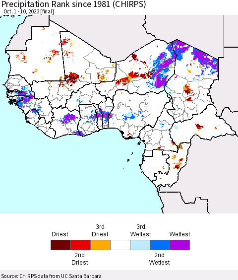 Western Africa Precipitation Rank since 1981 (CHIRPS) Thematic Map For 10/1/2023 - 10/10/2023