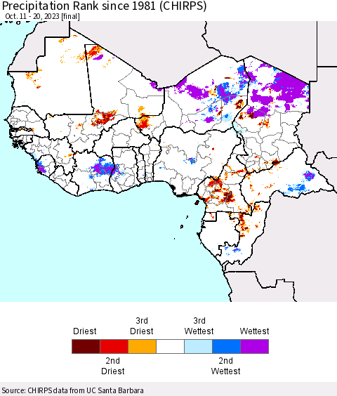Western Africa Precipitation Rank since 1981 (CHIRPS) Thematic Map For 10/11/2023 - 10/20/2023