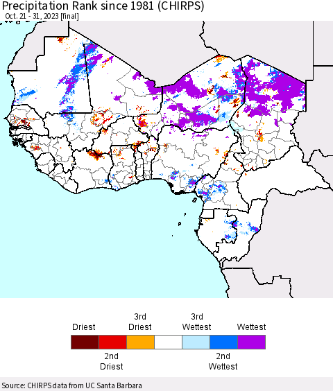 Western Africa Precipitation Rank since 1981 (CHIRPS) Thematic Map For 10/21/2023 - 10/31/2023