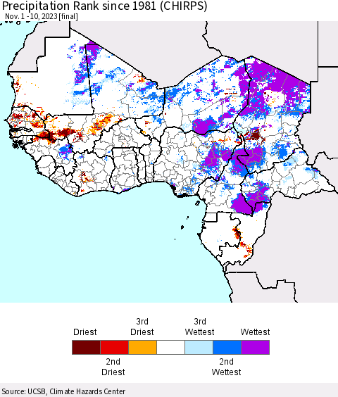 Western Africa Precipitation Rank since 1981 (CHIRPS) Thematic Map For 11/1/2023 - 11/10/2023