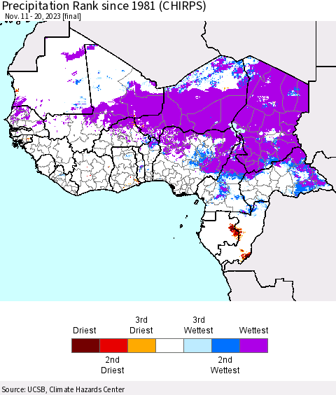 Western Africa Precipitation Rank since 1981 (CHIRPS) Thematic Map For 11/11/2023 - 11/20/2023