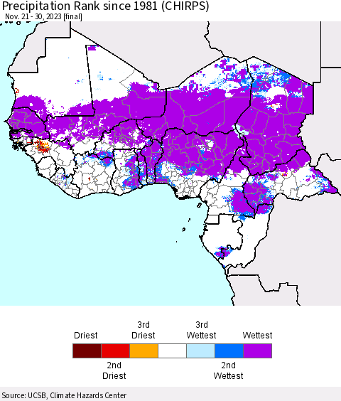 Western Africa Precipitation Rank since 1981 (CHIRPS) Thematic Map For 11/21/2023 - 11/30/2023