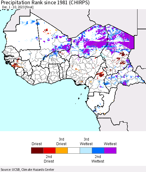 Western Africa Precipitation Rank since 1981 (CHIRPS) Thematic Map For 12/1/2023 - 12/10/2023