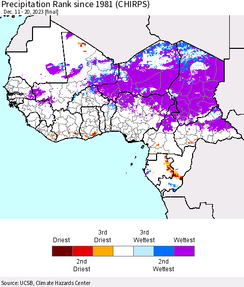 Western Africa Precipitation Rank since 1981 (CHIRPS) Thematic Map For 12/11/2023 - 12/20/2023