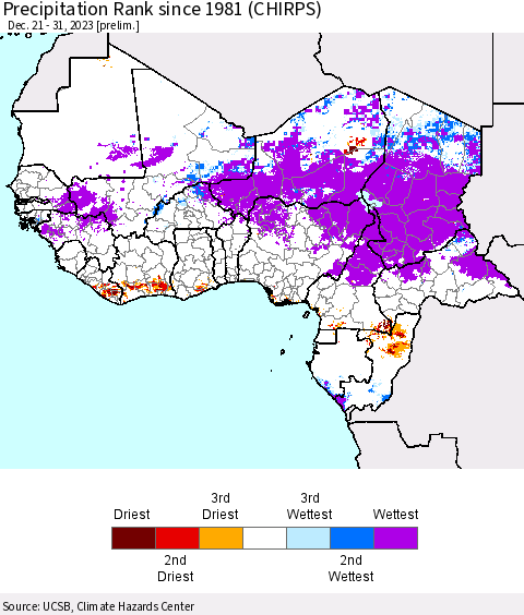 Western Africa Precipitation Rank since 1981 (CHIRPS) Thematic Map For 12/21/2023 - 12/31/2023