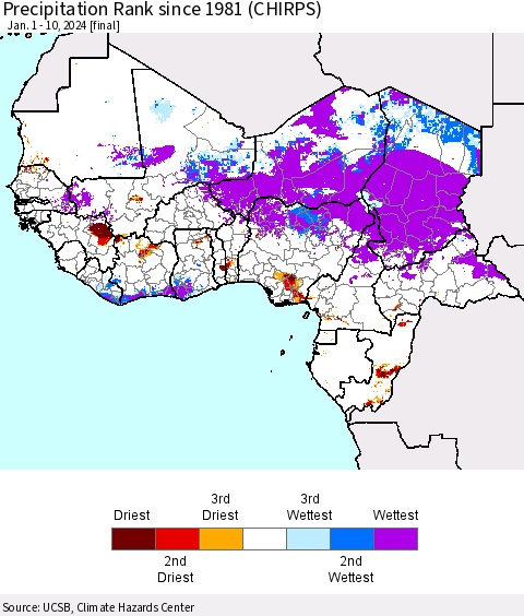 Western Africa Precipitation Rank since 1981 (CHIRPS) Thematic Map For 1/1/2024 - 1/10/2024