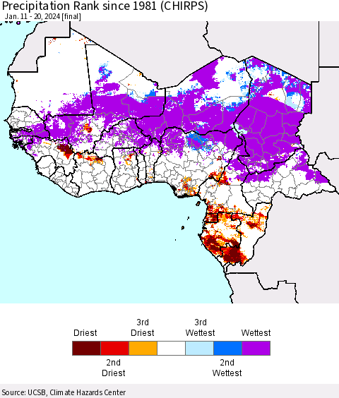 Western Africa Precipitation Rank since 1981 (CHIRPS) Thematic Map For 1/11/2024 - 1/20/2024