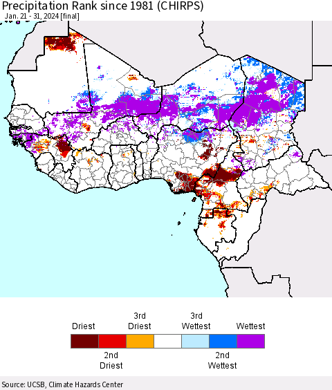 Western Africa Precipitation Rank since 1981 (CHIRPS) Thematic Map For 1/21/2024 - 1/31/2024