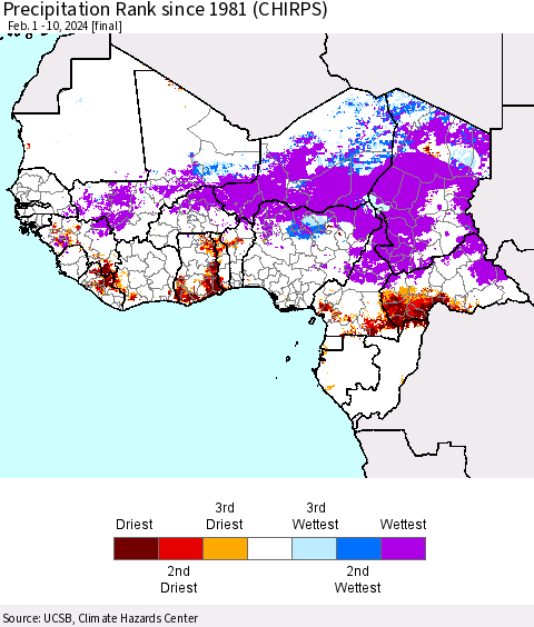 Western Africa Precipitation Rank since 1981 (CHIRPS) Thematic Map For 2/1/2024 - 2/10/2024