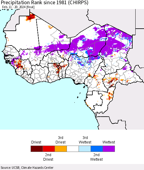 Western Africa Precipitation Rank since 1981 (CHIRPS) Thematic Map For 2/11/2024 - 2/20/2024