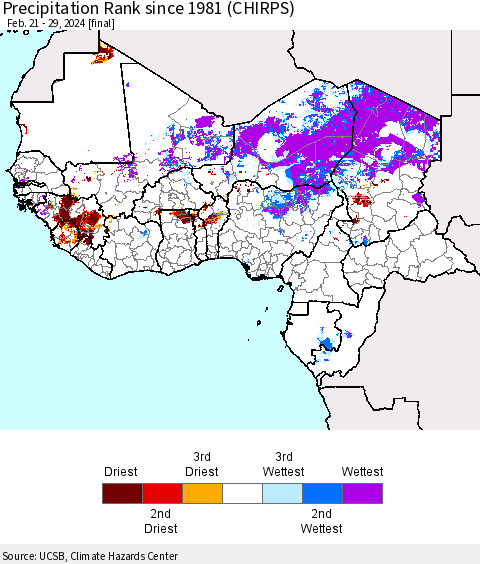Western Africa Precipitation Rank since 1981 (CHIRPS) Thematic Map For 2/21/2024 - 2/29/2024