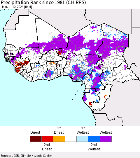 Western Africa Precipitation Rank since 1981 (CHIRPS) Thematic Map For 3/1/2024 - 3/10/2024
