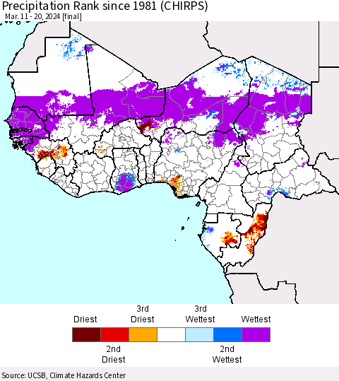 Western Africa Precipitation Rank since 1981 (CHIRPS) Thematic Map For 3/11/2024 - 3/20/2024