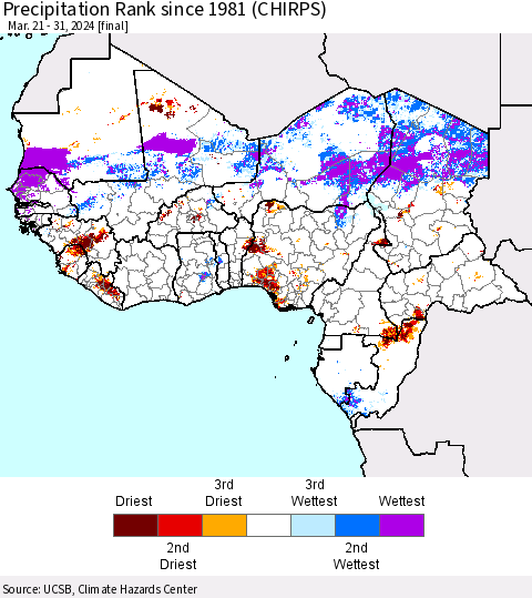 Western Africa Precipitation Rank since 1981 (CHIRPS) Thematic Map For 3/21/2024 - 3/31/2024