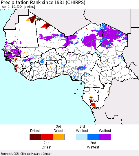 Western Africa Precipitation Rank since 1981 (CHIRPS) Thematic Map For 4/1/2024 - 4/10/2024
