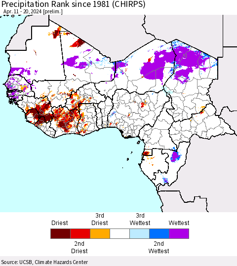Western Africa Precipitation Rank since 1981 (CHIRPS) Thematic Map For 4/11/2024 - 4/20/2024
