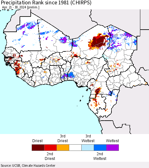 Western Africa Precipitation Rank since 1981 (CHIRPS) Thematic Map For 4/21/2024 - 4/30/2024