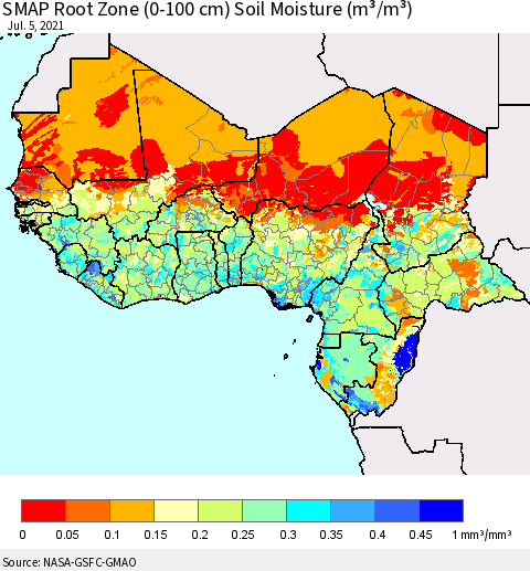 Western Africa SMAP Root Zone (0-100 cm) Soil Moisture (m³/m³) Thematic Map For 7/1/2021 - 7/5/2021