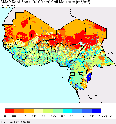 Western Africa SMAP Root Zone (0-100 cm) Soil Moisture (m³/m³) Thematic Map For 7/6/2021 - 7/10/2021