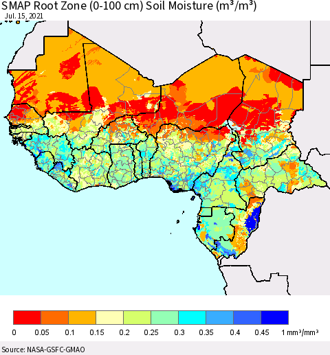 Western Africa SMAP Root Zone (0-100 cm) Soil Moisture (m³/m³) Thematic Map For 7/11/2021 - 7/15/2021