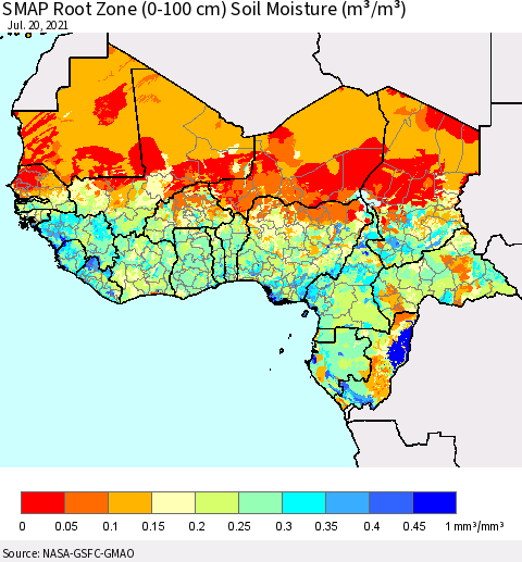 Western Africa SMAP Root Zone (0-100 cm) Soil Moisture (m³/m³) Thematic Map For 7/16/2021 - 7/20/2021
