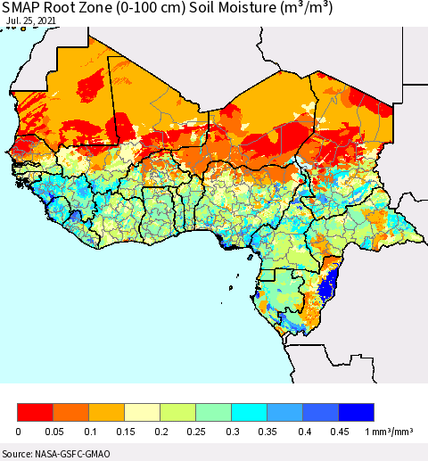 Western Africa SMAP Root Zone (0-100 cm) Soil Moisture (m³/m³) Thematic Map For 7/21/2021 - 7/25/2021