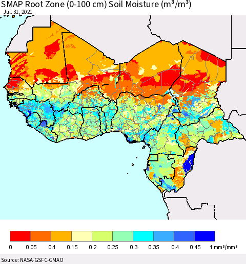 Western Africa SMAP Root Zone (0-100 cm) Soil Moisture (m³/m³) Thematic Map For 7/26/2021 - 7/31/2021