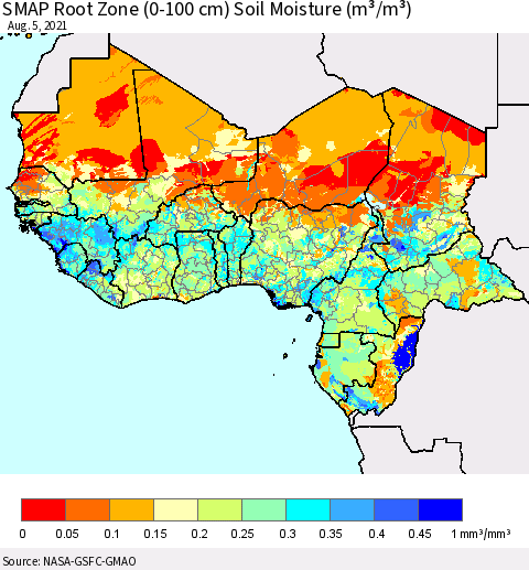 Western Africa SMAP Root Zone (0-100 cm) Soil Moisture (m³/m³) Thematic Map For 8/1/2021 - 8/5/2021