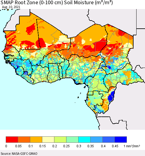 Western Africa SMAP Root Zone (0-100 cm) Soil Moisture (m³/m³) Thematic Map For 8/6/2021 - 8/10/2021