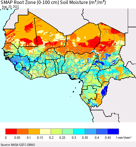Western Africa SMAP Root Zone (0-100 cm) Soil Moisture (m³/m³) Thematic Map For 8/16/2021 - 8/20/2021