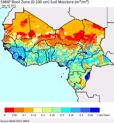 Western Africa SMAP Root Zone (0-100 cm) Soil Moisture (m³/m³) Thematic Map For 9/26/2021 - 9/30/2021